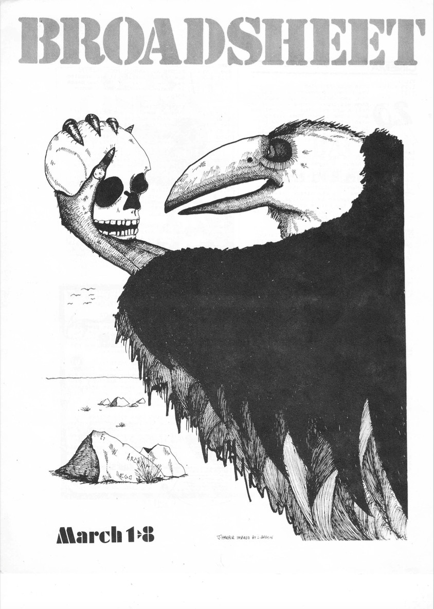 Broadsheet front cover drawn by James.