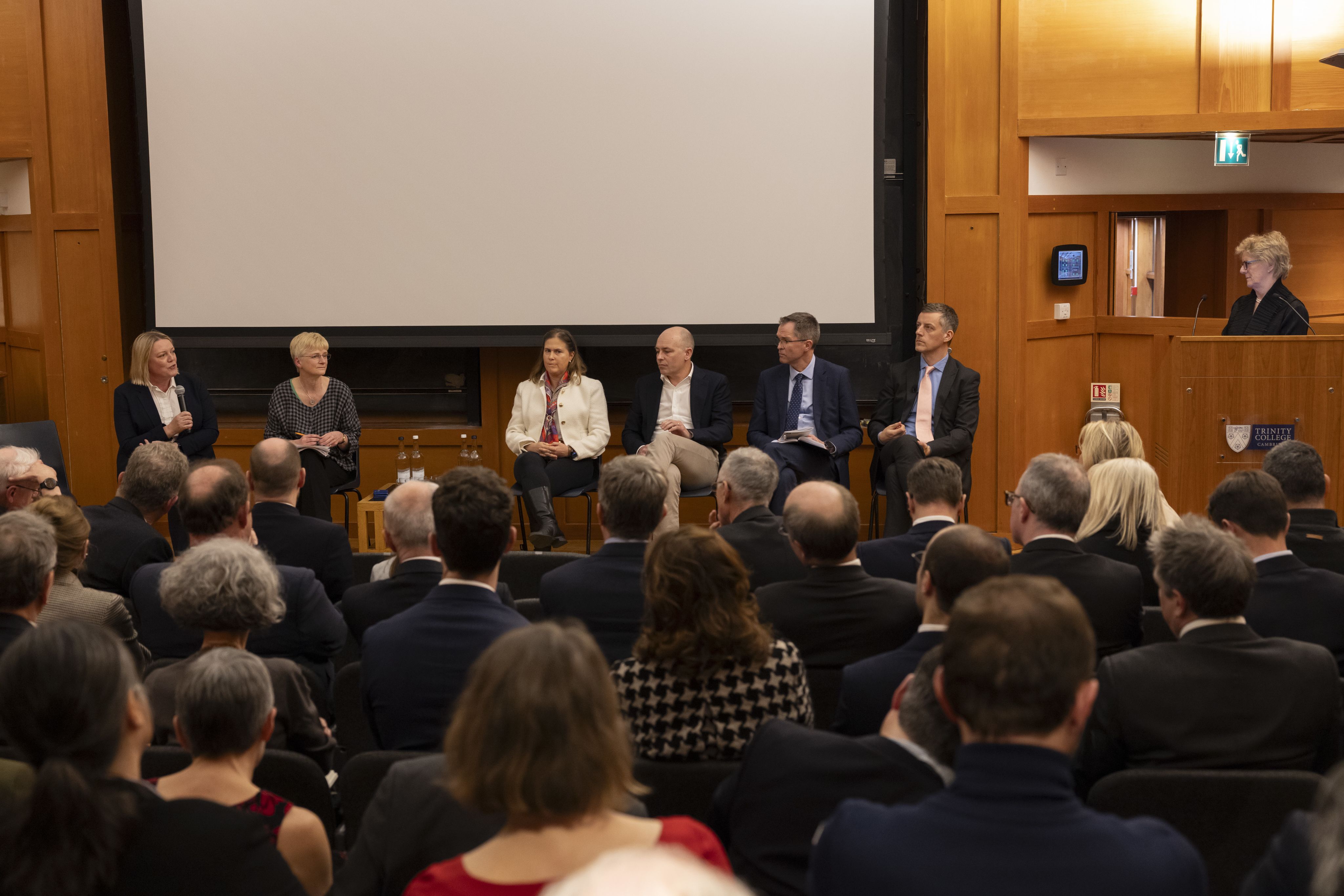 Dialogue panel and audience in the Winstanley Lecture Theatre