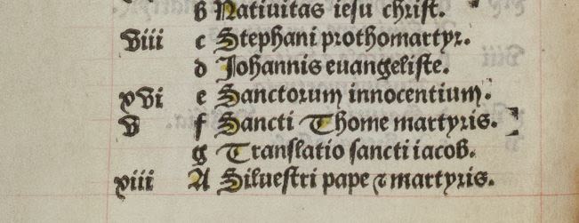 Photograph of the calendar of saints' feasts includes Thomas of Canterbury, martyred on 29 December 1170 but not erased from this book, despite the royal edict requiring his removal.