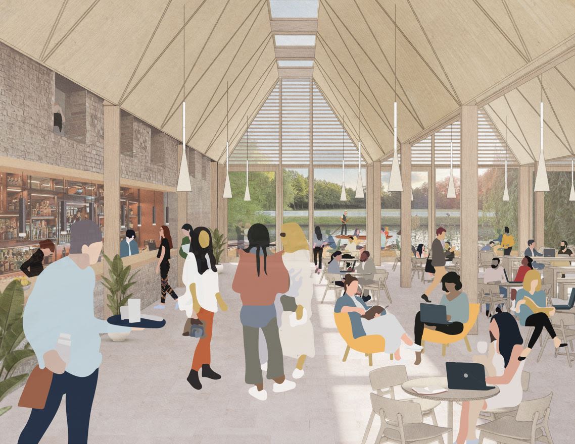 Architects' rendering of the Brewhouse development interior, with a light and airy central café and social space with windows looking out onto to the Cam and College green spaces.