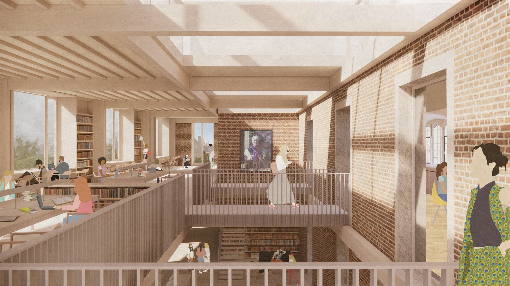 Architects' rendering of an elevated gallery in the Library, which would incread desk space, add light, and offer views over green spaces.
