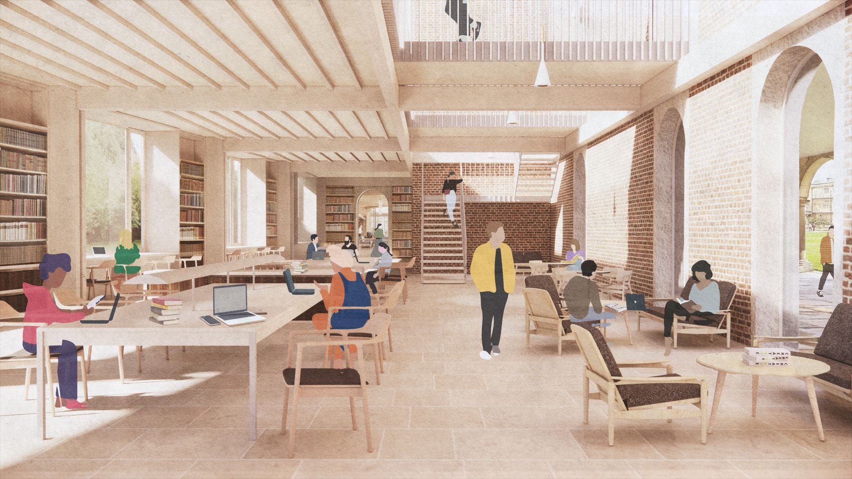 Architects' rendering of reconfigured Library space, including individual study spaces and areas for larger group seating.