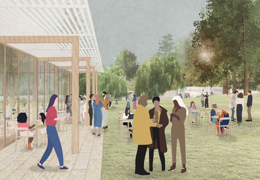Architects' rendering of the exterior of the Brewhouse development with a terrace opening out onto Brewhouse Lawn.